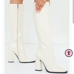 SOLD NWOT White Croc High Block Heel Toe Edge Knee Boot